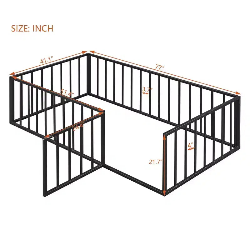 Marco de cama Okak Moderno de suelo con valla de seguridad y puerta, Marco de cama infantil de metal para niños y niñas, Fácil de montar