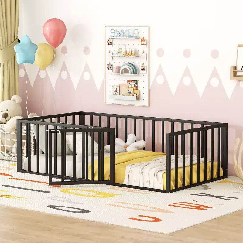 Okak Modern Floor Bed Frame with Safety Fence and Door, Metal Children's Floor Bed Frame for Kids Girls Boys Easy to Assemble