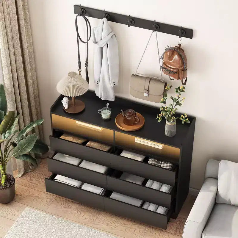 Okak Cómoda moderna de 6 cajones para dormitorio con LED, mesita de noche con marco resistente, armario de almacenamiento para sala de estar, pasillo, habitación de niños