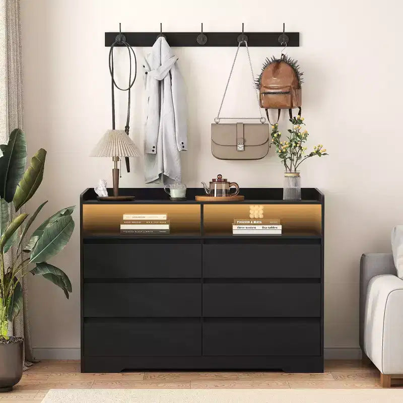 Okak Cómoda moderna de 6 cajones para dormitorio con LED, mesita de noche con marco resistente, armario de almacenamiento para sala de estar, pasillo, habitación de niños