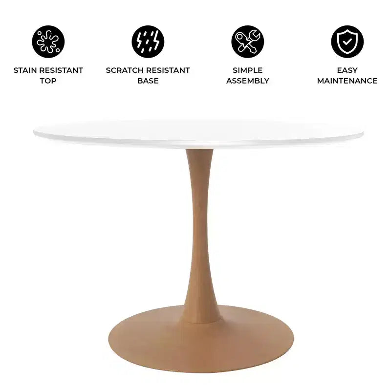 LeisureMod Bristol Mesa de Comedor Redonda Moderna de 35'' con Tapa Duradera de MDF y Base de Acero Natural con Transferencia de Madera para Cocina, Comedor o Cafeterías
