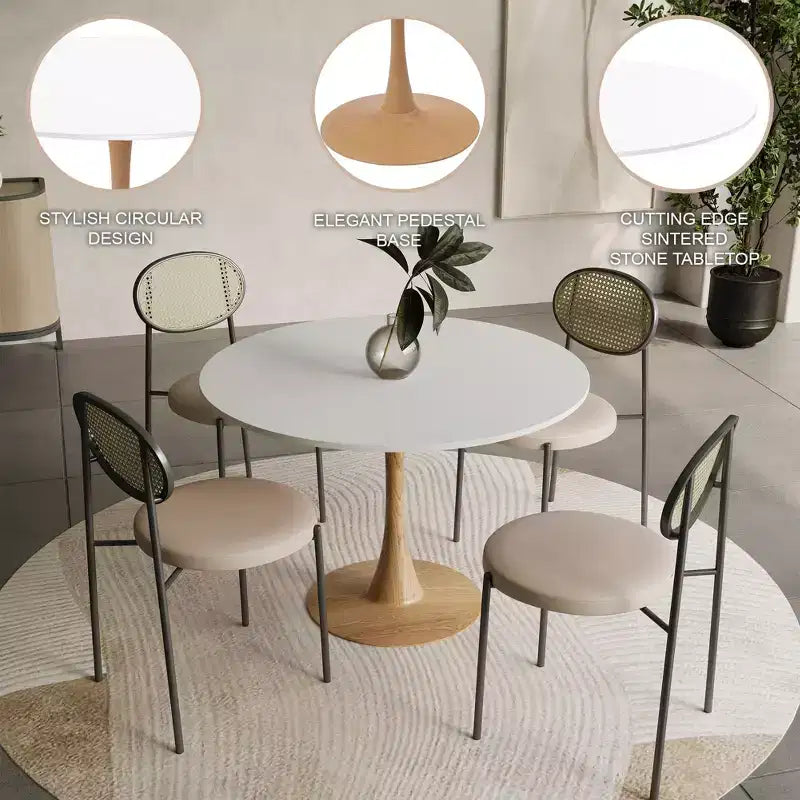 LeisureMod Bristol Mesa de Comedor Redonda Moderna de 35'' con Tapa Duradera de MDF y Base de Acero Natural con Transferencia de Madera para Cocina, Comedor o Cafeterías
