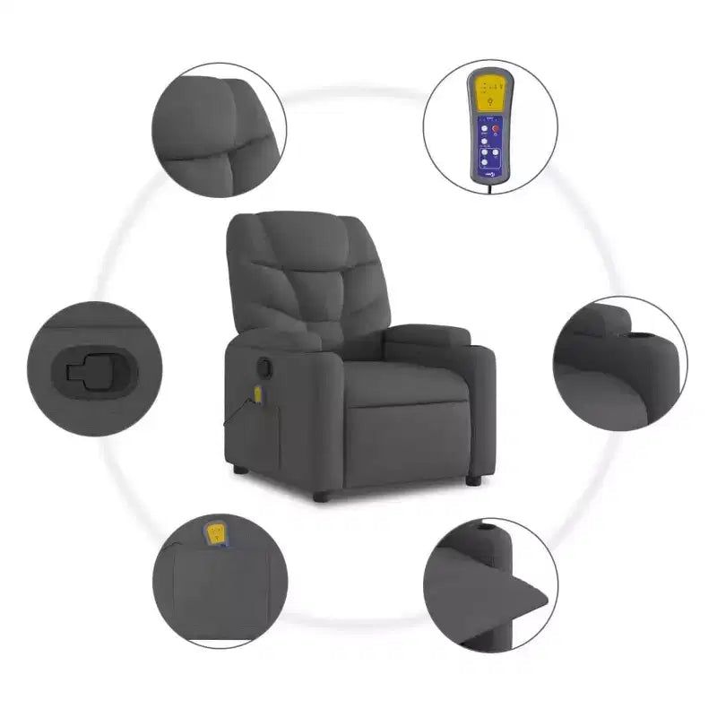 vidaXL Sillón reclinable de tela gris oscuro - 6 puntos de masaje vibratorio, respaldo y reposapiés ajustables - Gris