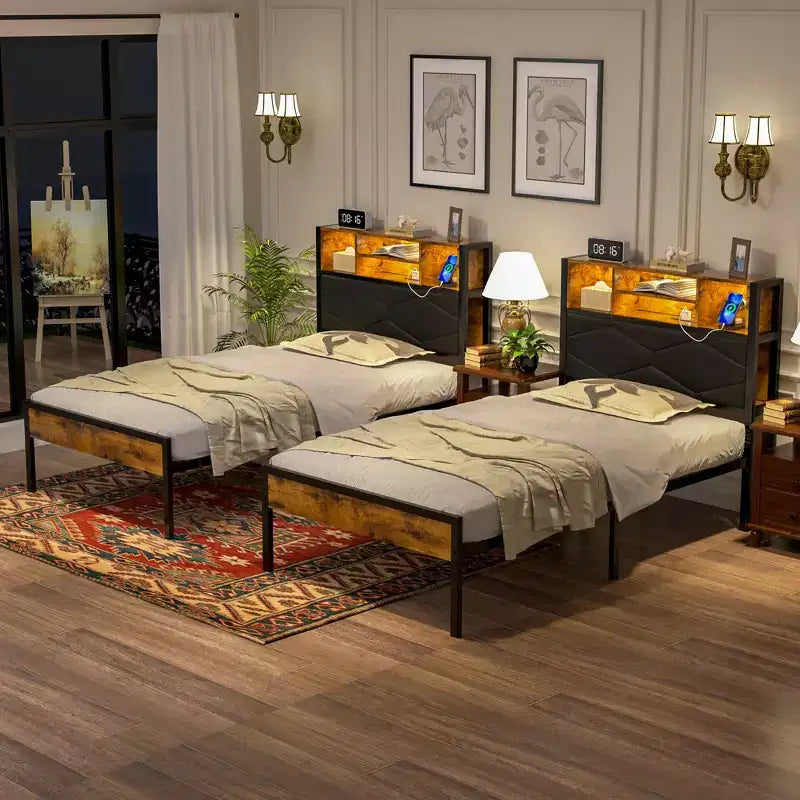 Base de Cama Tapizada VECELO Individual/Matrimonial/Queen, Base de Cama con Plataforma de Metal con Estación de Carga, Cabecera con Almacenamiento, Luces LED y Tomas USB, Marrón