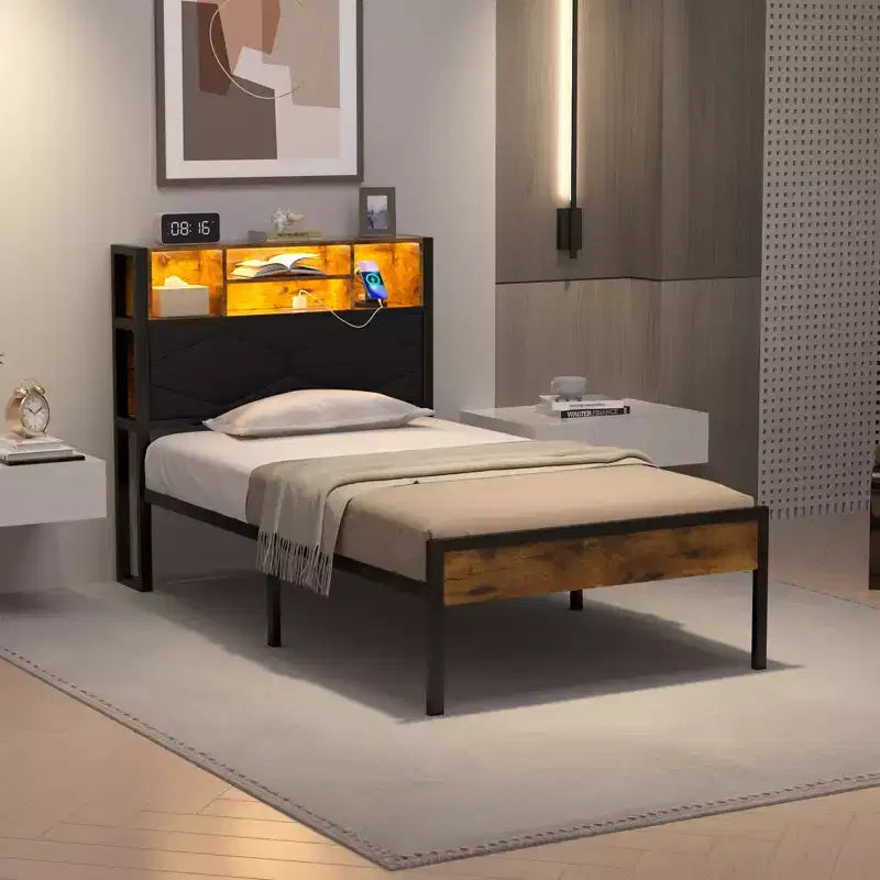 Base de Cama Tapizada VECELO Individual/Matrimonial/Queen, Base de Cama con Plataforma de Metal con Estación de Carga, Cabecera con Almacenamiento, Luces LED y Tomas USB, Marrón