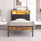 Base de Cama Tapizada VECELO Individual/Matrimonial/Queen, Base de Cama con Plataforma de Metal con Estación de Carga, Cabecera con Almacenamiento, Luces LED y Tomas USB, Marrón