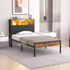 Base de Cama Tapizada VECELO Individual/Matrimonial/Queen, Base de Cama con Plataforma de Metal con Estación de Carga, Cabecera con Almacenamiento, Luces LED y Tomas USB, Marrón