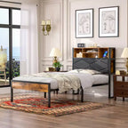 Base de Cama Tapizada VECELO Individual/Matrimonial/Queen, Base de Cama con Plataforma de Metal con Estación de Carga, Cabecera con Almacenamiento, Luces LED y Tomas USB, Marrón