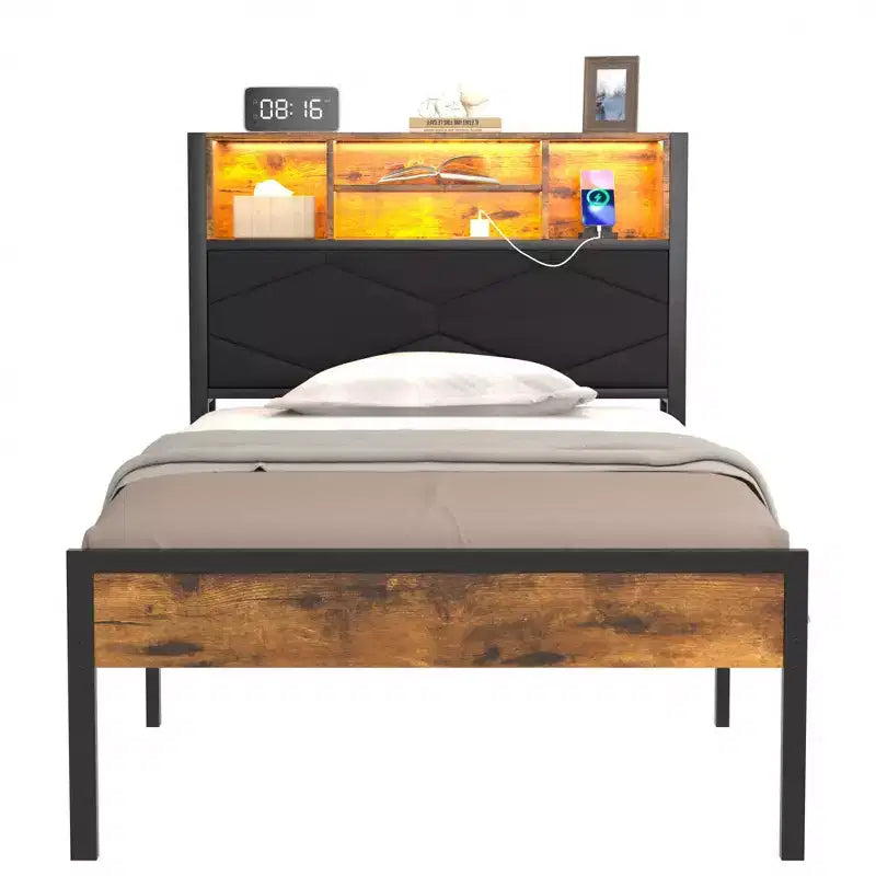 Base de Cama Tapizada VECELO Individual/Matrimonial/Queen, Base de Cama con Plataforma de Metal con Estación de Carga, Cabecera con Almacenamiento, Luces LED y Tomas USB, Marrón