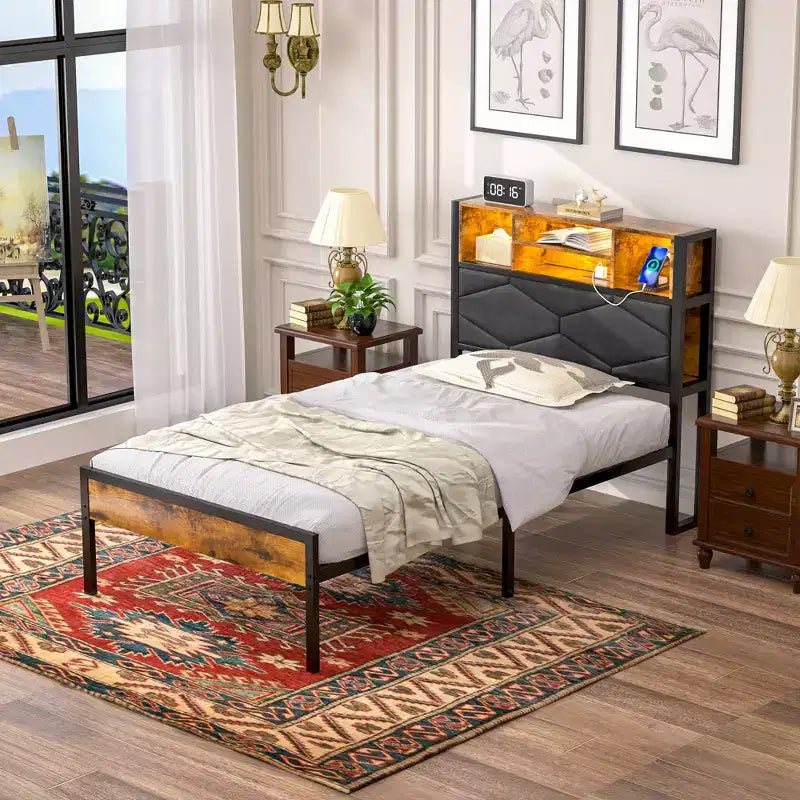 Base de Cama Tapizada VECELO Individual/Matrimonial/Queen, Base de Cama con Plataforma de Metal con Estación de Carga, Cabecera con Almacenamiento, Luces LED y Tomas USB, Marrón