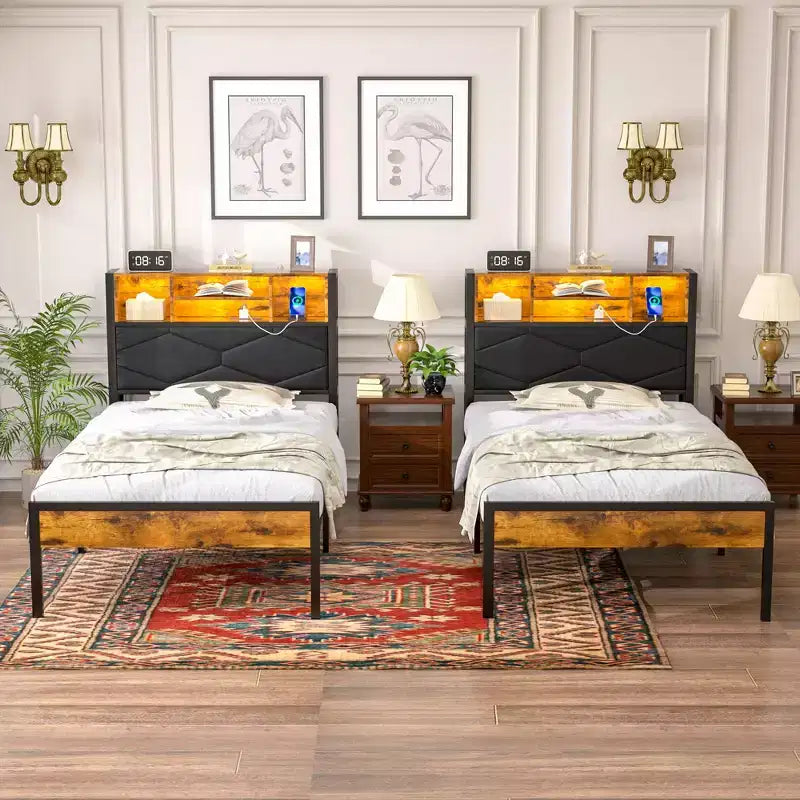 Base de Cama Tapizada VECELO Individual/Matrimonial/Queen, Base de Cama con Plataforma de Metal con Estación de Carga, Cabecera con Almacenamiento, Luces LED y Tomas USB, Marrón
