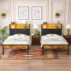 Base de Cama Tapizada VECELO Individual/Matrimonial/Queen, Base de Cama con Plataforma de Metal con Estación de Carga, Cabecera con Almacenamiento, Luces LED y Tomas USB, Marrón