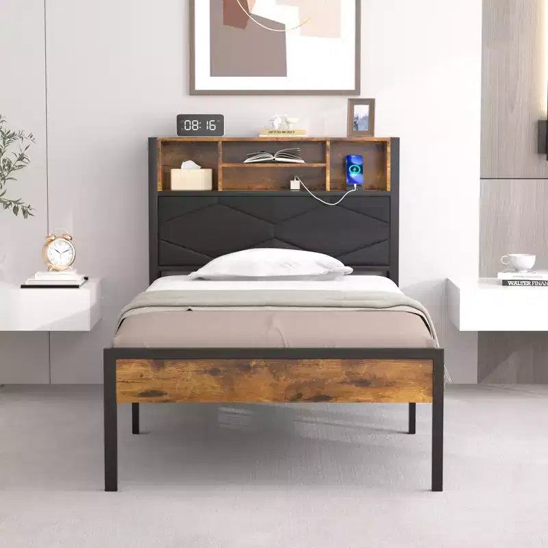 Base de Cama Tapizada VECELO Individual/Matrimonial/Queen, Base de Cama con Plataforma de Metal con Estación de Carga, Cabecera con Almacenamiento, Luces LED y Tomas USB, Marrón