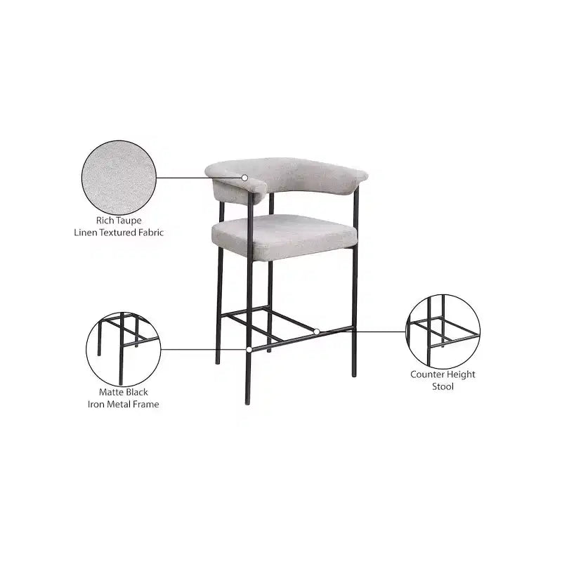 Meridian Furniture, Taburete de mostrador Malin de tela texturizada de lino color topo, juego de 2