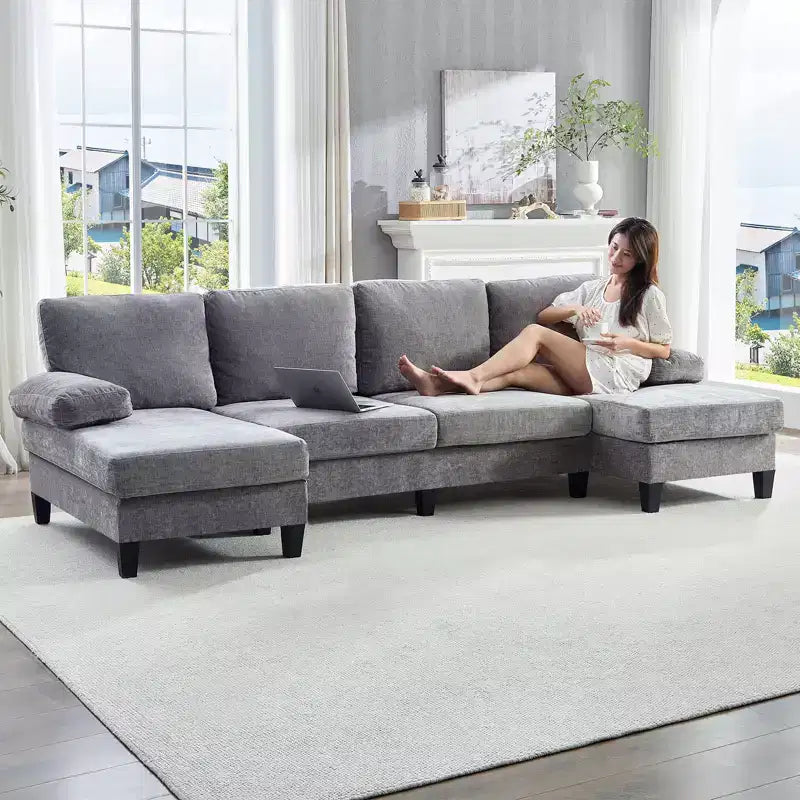 Sofá Seccional Mjkone 110 en Forma de U, Sofá Grande de 4 Plazas Tapizado en Chenilla con Doble Chaise Longue y Reposabrazos Reclinables