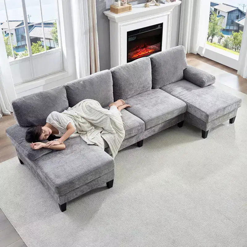 Sofá Seccional Mjkone 110 en Forma de U, Sofá Grande de 4 Plazas Tapizado en Chenilla con Doble Chaise Longue y Reposabrazos Reclinables