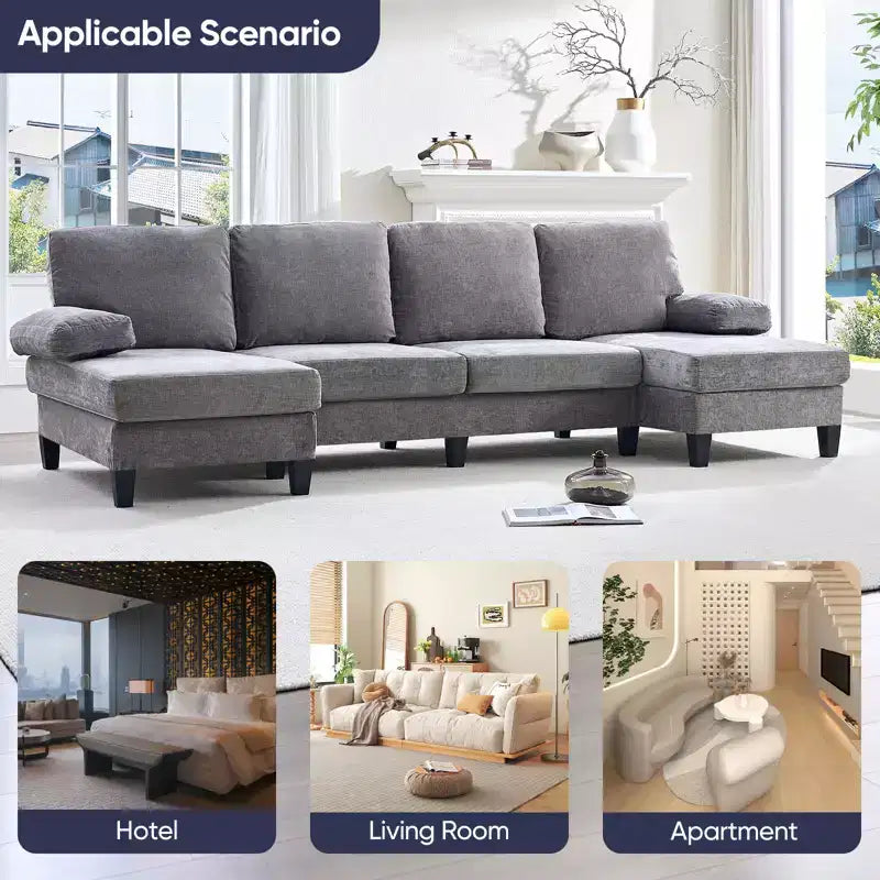 Sofá Seccional Mjkone 110 en Forma de U, Sofá Grande de 4 Plazas Tapizado en Chenilla con Doble Chaise Longue y Reposabrazos Reclinables