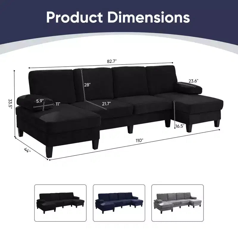 Sofá Seccional Mjkone 110 en Forma de U, Sofá Grande de 4 Plazas Tapizado en Chenilla con Doble Chaise Longue y Reposabrazos Reclinables