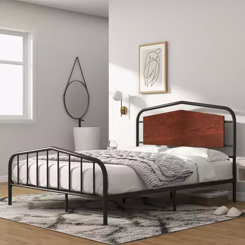 Estructura de cama de tamaño completo, con cabecero y piecero de madera, estructura de cama de plataforma de metal, amplio espacio de almacenamiento debajo de la cama, sin ruidos, no necesita somier