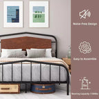 Estructura de cama de tamaño completo, con cabecero y piecero de madera, estructura de cama de plataforma de metal, amplio espacio de almacenamiento debajo de la cama, sin ruidos, no necesita somier