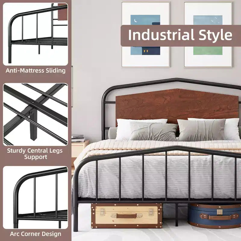 Estructura de cama de tamaño completo, con cabecero y piecero de madera, estructura de cama de plataforma de metal, amplio espacio de almacenamiento debajo de la cama, sin ruidos, no necesita somier