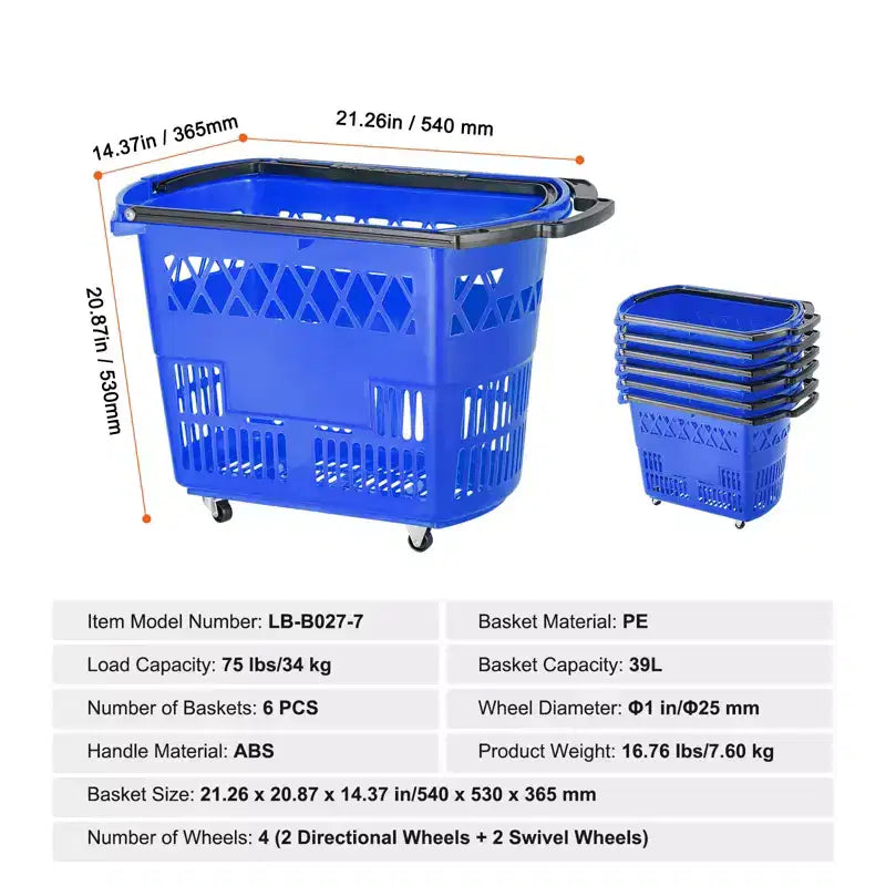Cestas de la compra VEVOR, 6 unidades, carros de la compra de 39 L con asas, cestas de la compra rodantes de plástico con ruedas, juego de cestas de la compra portátiles grandes, azules