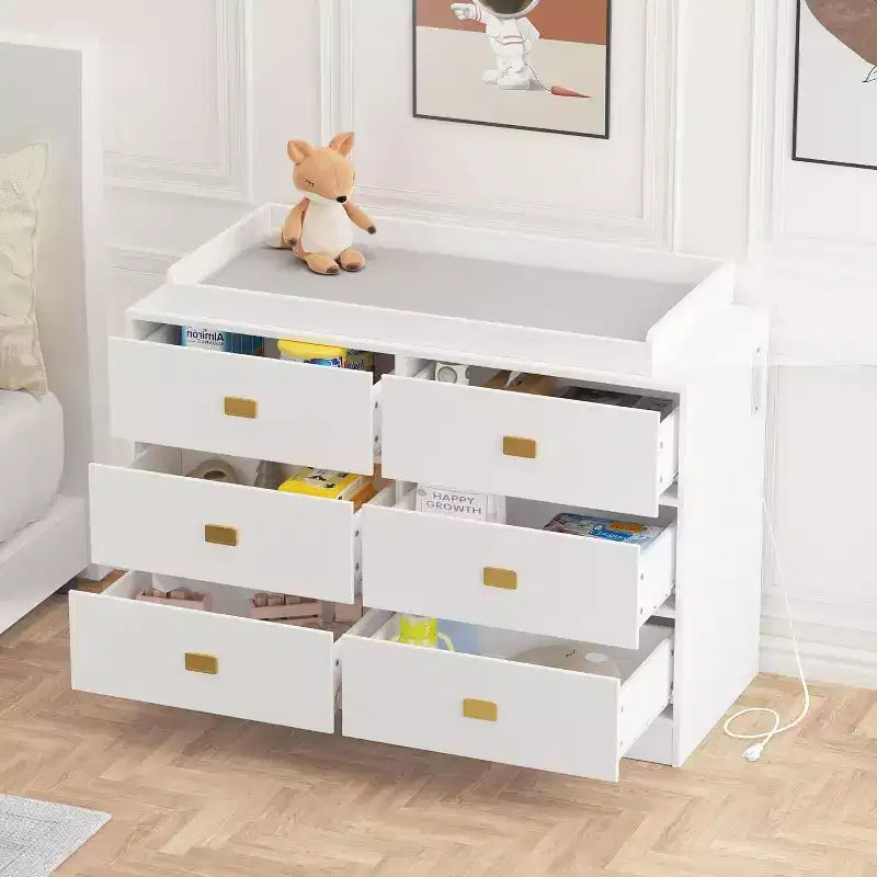 Cómoda de dormitorio con 6 cajones, cómoda cambiador, almohadilla suave y tapa extraíble, cómoda para bebé con tapa cambiador para guardería, blanca