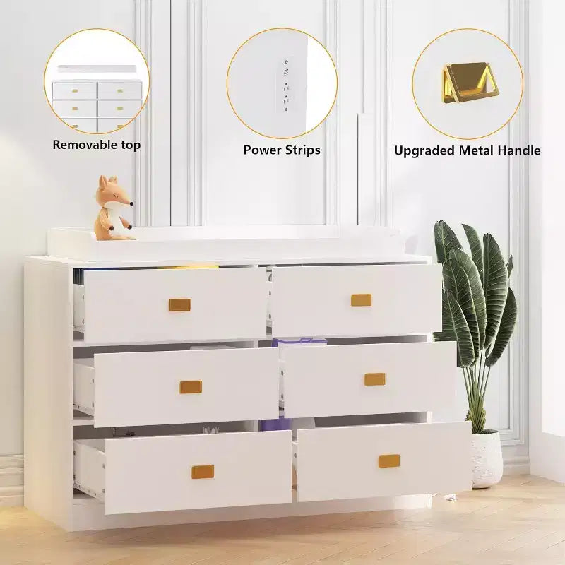 Cómoda de dormitorio con 6 cajones, cómoda cambiador, almohadilla suave y tapa extraíble, cómoda para bebé con tapa cambiador para guardería, blanca