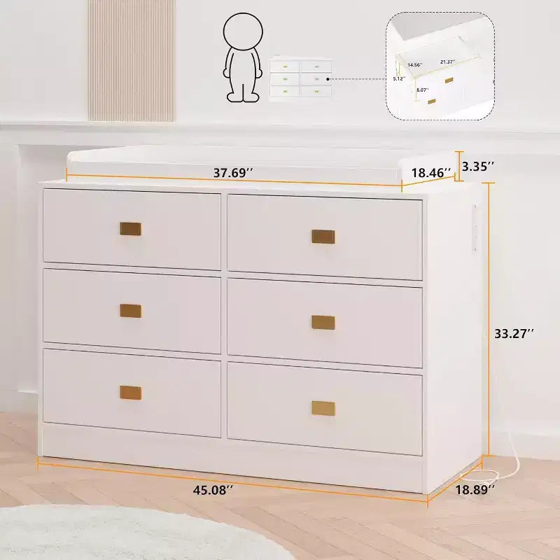 Cómoda de dormitorio con 6 cajones, cómoda cambiador, almohadilla suave y tapa extraíble, cómoda para bebé con tapa cambiador para guardería, blanca