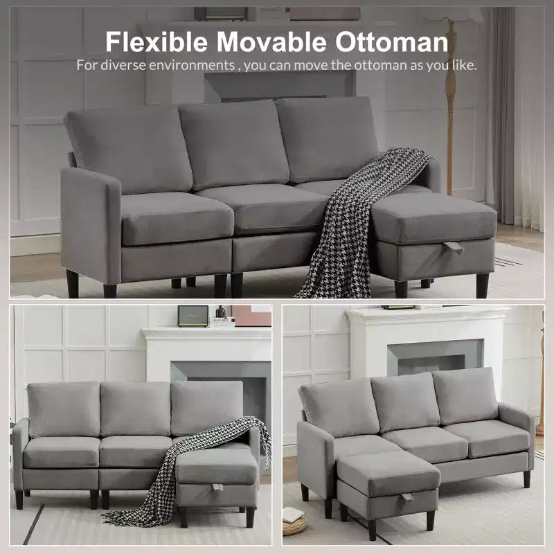 HYLEORY Sofá seccional convertible en forma de L de 3 plazas con tela de lino, con otomana, para sala de estar, apartamento y oficina