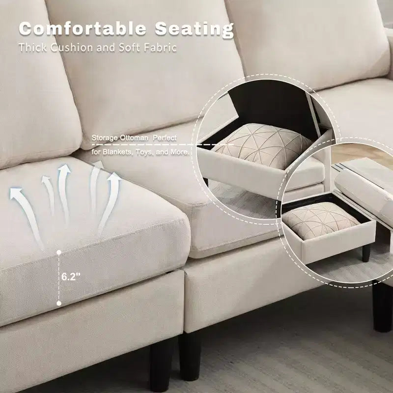 HYLEORY Sofá seccional convertible en forma de L de 3 plazas con tela de lino, con otomana, para sala de estar, apartamento y oficina