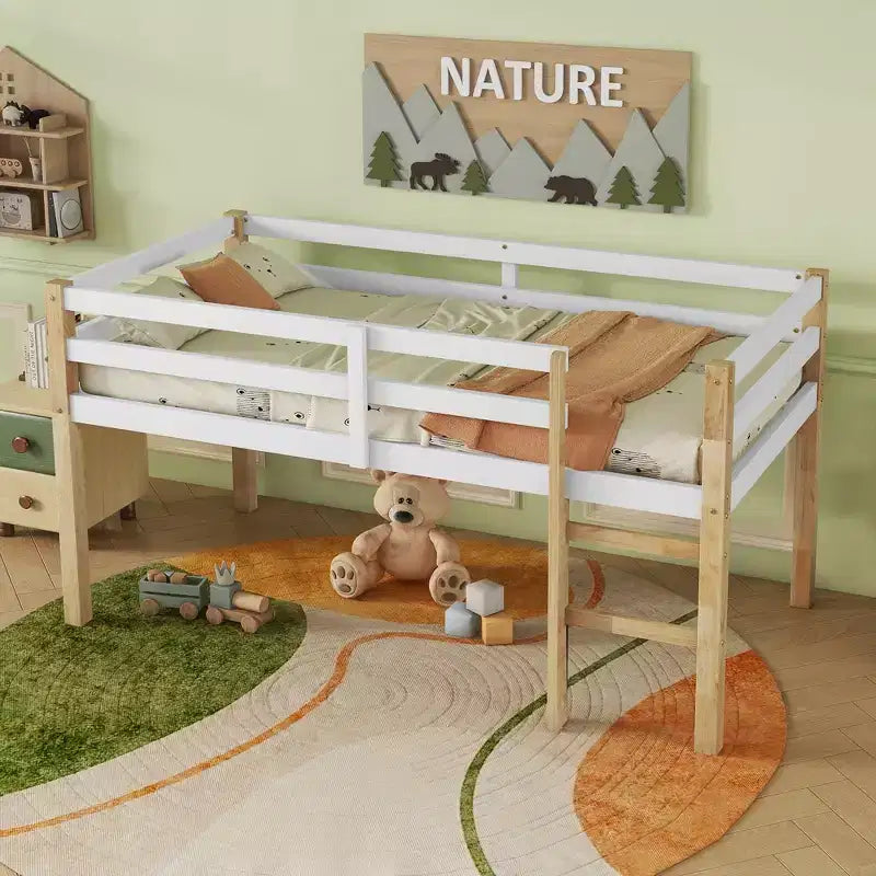 Cama alta MAYEERTY de madera de caucho con escalera de seguridad, multicolor