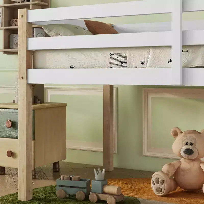 Cama alta MAYEERTY de madera de caucho con escalera de seguridad, multicolor