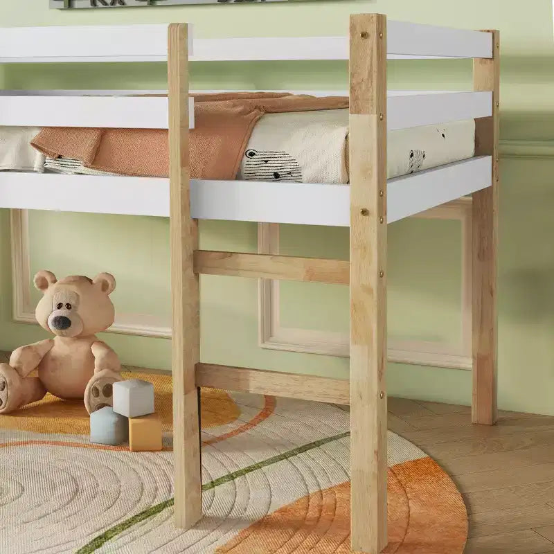 Cama alta MAYEERTY de madera de caucho con escalera de seguridad, multicolor