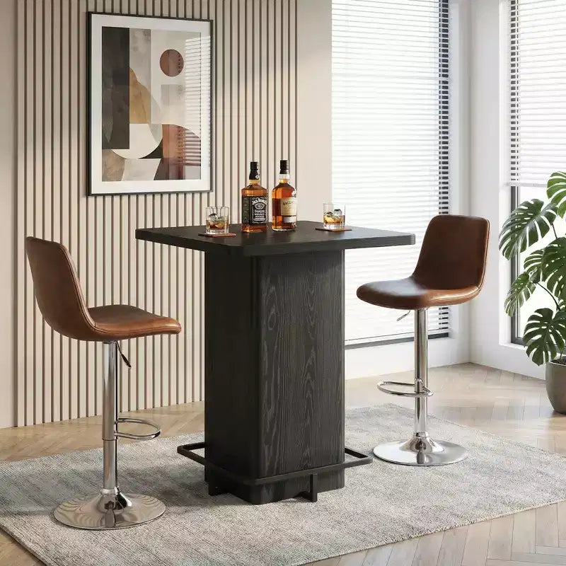 MAYEERTY Mesa de Bar Cuadrada Minimalista de 31.5 pulgadas, con Cubierta de MDF Grano de Madera Oscura, Pedestal Robusto y Reposapiés Metálico, Mesa de Pub Compacta para 2-4 Personas