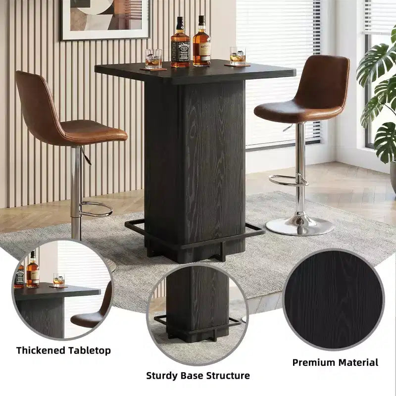 MAYEERTY Mesa de Bar Cuadrada Minimalista de 31.5 pulgadas, con Cubierta de MDF Grano de Madera Oscura, Pedestal Robusto y Reposapiés Metálico, Mesa de Pub Compacta para 2-4 Personas