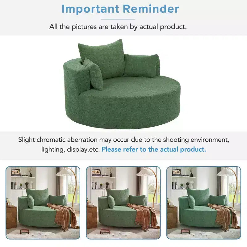 Sillón decorativo giratorio 360°, sillón de barril giratorio redondo con 3 almohadas extraíbles para sala de estar, dormitorio, oficina y hotel, verde