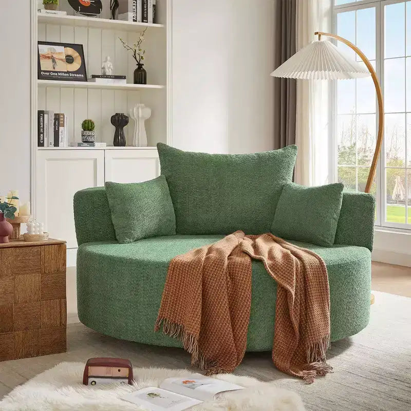 Sillón decorativo giratorio 360°, sillón de barril giratorio redondo con 3 almohadas extraíbles para sala de estar, dormitorio, oficina y hotel, verde