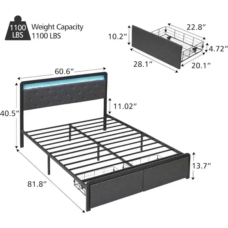 Cama Queen tapizada de 1 pieza con almacenaje - 2 cajones y cabecero capitoné, luces LED con lamas de madera, no necesita somier
