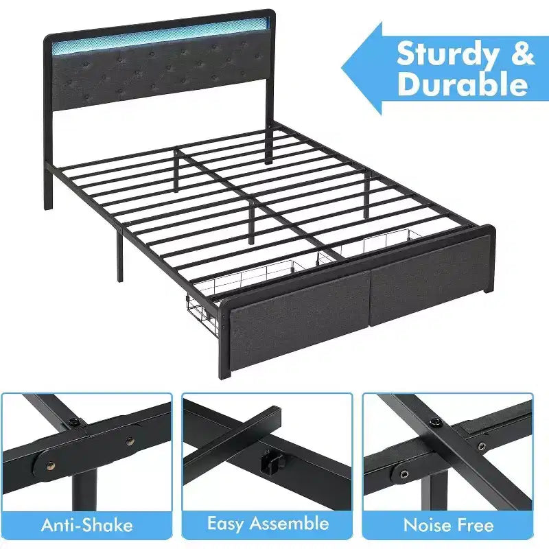 Cama Queen tapizada de 1 pieza con almacenaje - 2 cajones y cabecero capitoné, luces LED con lamas de madera, no necesita somier