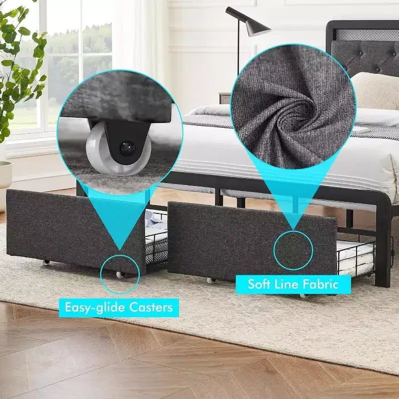Cama Queen tapizada de 1 pieza con almacenaje - 2 cajones y cabecero capitoné, luces LED con lamas de madera, no necesita somier