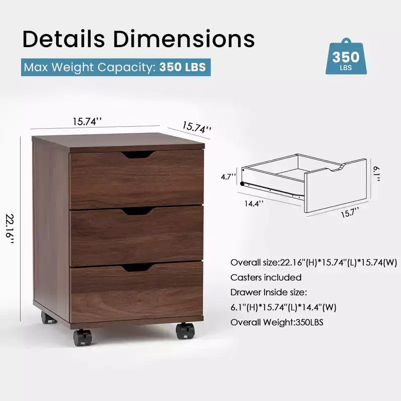 PexFix Gabinete de Archivo Vertical de 3 Cajones, Móvil de Madera con Ruedas para Debajo del Escritorio para Oficina en Casa