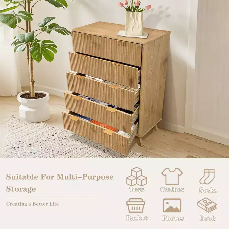 Cómoda acanalada de 5 cajones para dormitorio, cómoda alta moderna de 119 cm, organizador de cajones de madera para dormitorio, sala de estar, pasillo, entrada