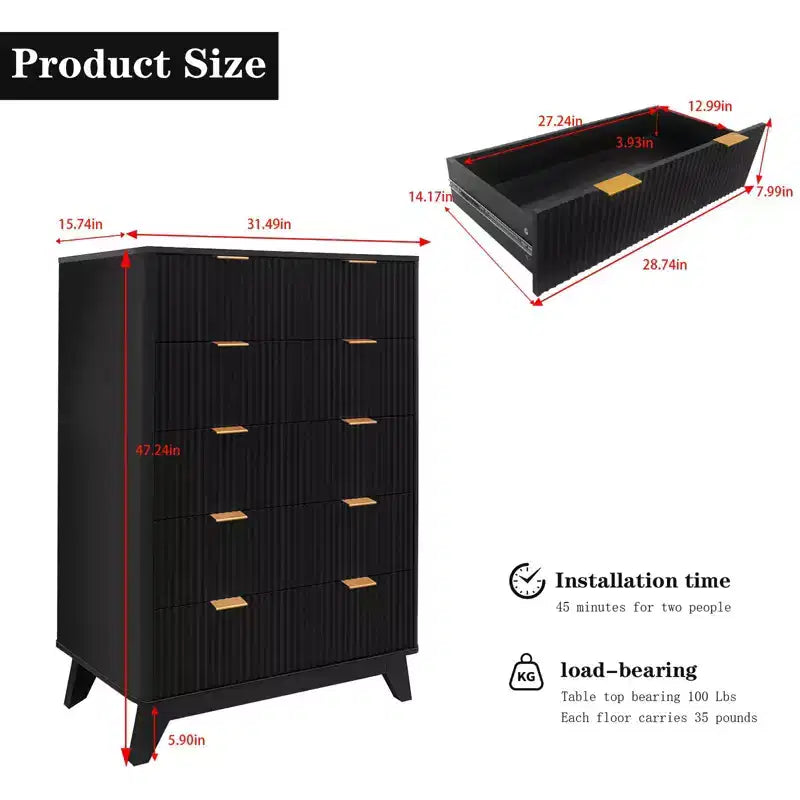 Cómoda acanalada de 5 cajones para dormitorio, cómoda alta moderna de 119 cm, organizador de cajones de madera para dormitorio, sala de estar, pasillo, entrada