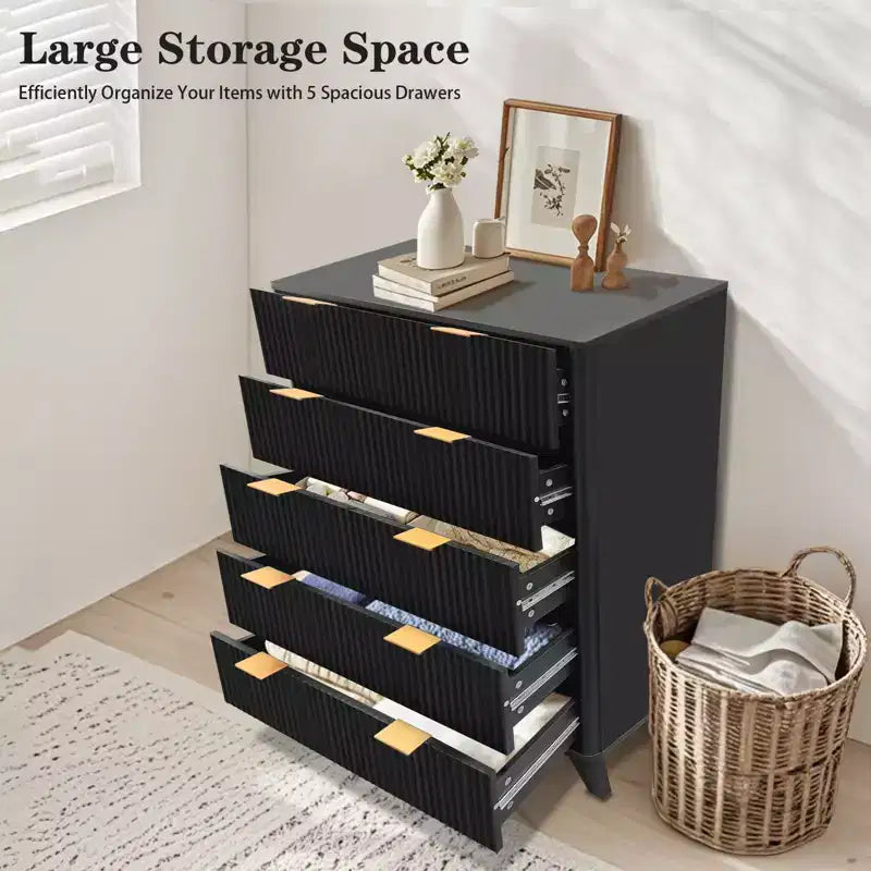 Cómoda acanalada de 5 cajones para dormitorio, cómoda alta moderna de 119 cm, organizador de cajones de madera para dormitorio, sala de estar, pasillo, entrada