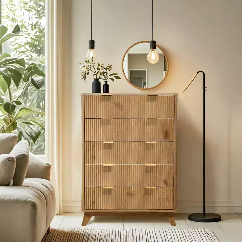 Cómoda acanalada de 5 cajones para dormitorio, cómoda alta moderna de 119 cm, organizador de cajones de madera para dormitorio, sala de estar, pasillo, entrada