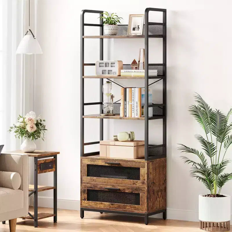 70.87 Bookshelf with Drawers, Rustic Bookshelves, 4 Tiers Open Storage Shelves, Farmhouse Bookshelf for Bedroom, Living Room, Home Office, Brown