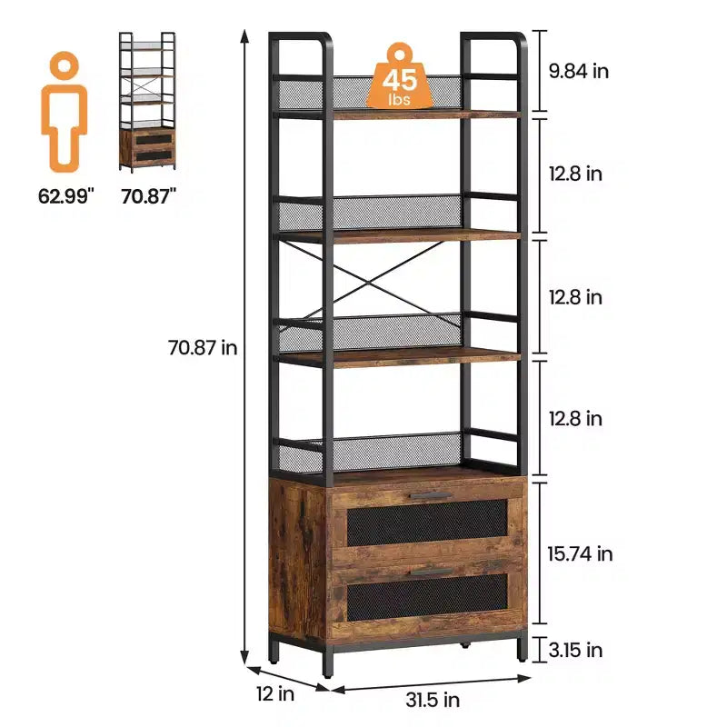 Estantería con cajones de 179,9 cm, estanterías rústicas, estantes de almacenamiento abiertos de 4 niveles, estantería estilo casa de campo para dormitorio, sala de estar, oficina en casa, marrón