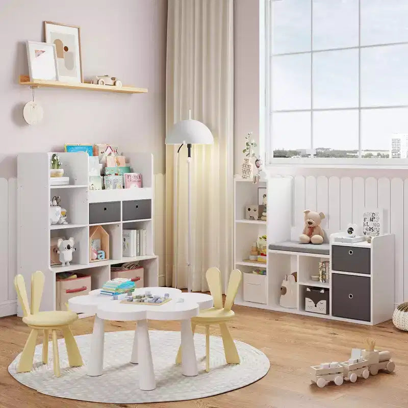 GustoWave Estantería Infantil 44.1in Ancho Almacenamiento de Juguetes Organizador Librería Blanca Cojín de Asiento Banco de Almacenamiento de Madera de 6 Cubículos 2 Cajones Estante Armario para Niños Pequeños