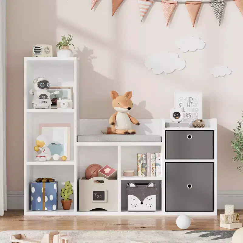 GustoWave Estantería Infantil 44.1in Ancho Almacenamiento de Juguetes Organizador Librería Blanca Cojín de Asiento Banco de Almacenamiento de Madera de 6 Cubículos 2 Cajones Estante Armario para Niños Pequeños